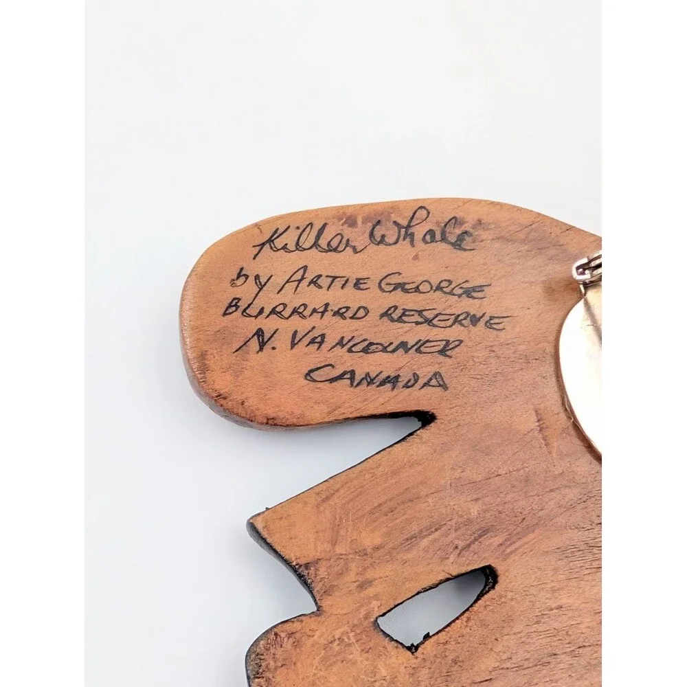 Artie George Signed Killer Whale Brooch Carved Yellow Cedar Salish First Nations